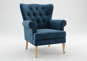 Elegant blue velvet armchair with tufted back and wooden legs on a white background in a studio setting