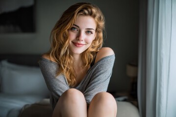 Fototapeta premium A beautiful woman with red hair smiles subtly, sitting on a bed with natural light.