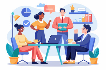 Business teamwork concept illustration featuring a diverse group of professionals discussing strategy in front of a colorful puzzle board with infographic elements like graphs, pie charts, and gears. 