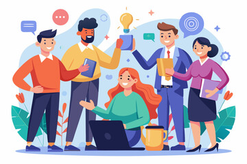 Business teamwork concept illustration featuring a diverse group of professionals discussing strategy in front of a colorful puzzle board with infographic elements like graphs, pie charts, and gears. 