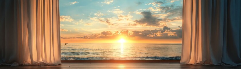 Fototapeta premium Bright curtains parting to reveal a beautiful sunrise, symbolizing natural awakening and fresh beginnings.