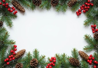 Christmas frame with evergreen branches, pine cones, and red berries on a white background