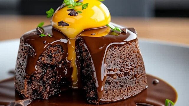 Close-up of a decadent chocolate lava cake, served warm with a bright yellow mango sauce and garnished with fresh mint. The cake is presented on a white plate with a pool of rich chocolate sauce