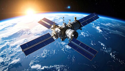 Fototapeta premium Satellite Orbiting Earth at Sunrise