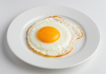 A single fried egg with a bright orange yolk sits on a white plate against a white background, simple and clean