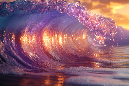 Vibrant Sunset Ocean Wave with Sparkling Water and Golden Light Reflection