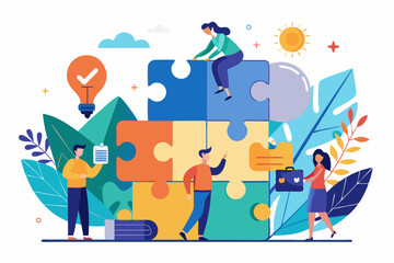 Business teamwork concept illustration featuring a diverse group of professionals discussing strategy in front of a colorful puzzle board with infographic elements like graphs, pie charts, and gears. 