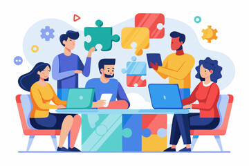 Business teamwork concept illustration featuring a diverse group of professionals discussing strategy in front of a colorful puzzle board with infographic elements like graphs, pie charts, and gears. 