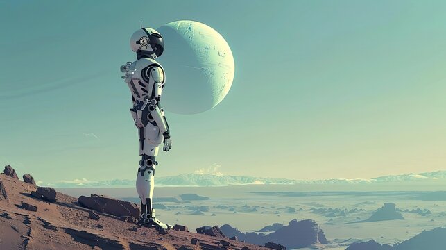 A futuristic robot stands on a desolate alien landscape, gazing at a distant planet