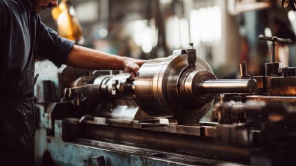 Industrial work a worker using a metal lathe machine in a factory workshop to make parts for products or equipment. This heavy industry concept has a copy space banner background