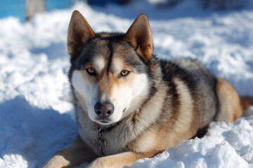 Naklejka premium Dog Lying in Snow During Winter Season with Alert Gaze