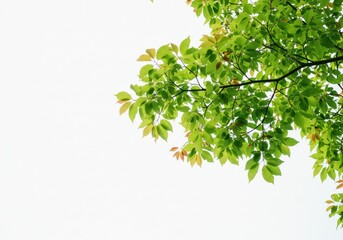 Fresh green leaves on tree branches against a bright white sky create a natural, airy scene