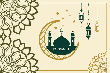 61 Eid Mubarak greeting card, Islamic geometric patterns, gold and green color scheme, ornate floral designs, mosque silhouette, crescent moon, intricate paper cut style, elegant Arabic calligraphy, h