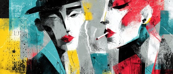 Abstract painting of a stylish man and woman with cigarette in a noir style, showcasing modern art and retro fashion