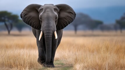 Fototapeta premium Bull elephant walking toward camera, ears spread wide, captured from a distance with strong focus and blurred savannah