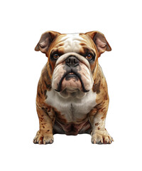 Obraz premium Cute brown and white English Bulldog puppy, a purebred canine pet, is isolated on a white background in a studio portrait