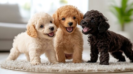 Three playful poodle puppies wrestling indoors
