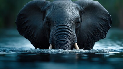 Elephant emerging from a shallow river, water glistening on skin, detailed capture