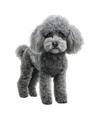 A cute, young, white poodle puppy sits isolated against a white background in a studio portrait