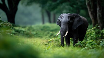 Fototapeta premium Elephant lifting trunk in forest clearing, lush green background softly faded with telephoto bokeh