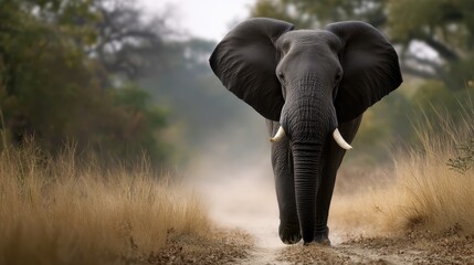 Naklejka premium Elephant pausing mid-step in soft dust, natural tones and long lens depth, ambient wild setting