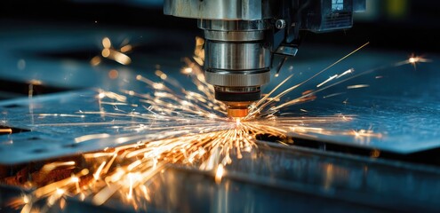 Laser machine, laser-cut stainless steel plate with sparks flying from the tip of its body focus on metal sparks
