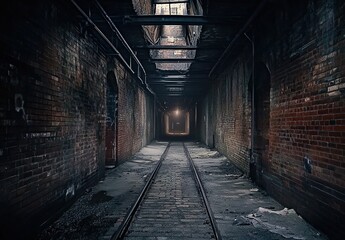 Obraz premium Narrow brick tunnel with railway tracks and distant light creating a mysterious atmosphere.