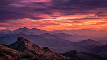 Naklejka premium A mountain sunset paints the sky with warm colors