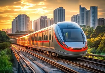 Naklejka premium Metro train on elevated tracks during sunset with a modern city skyline in the background.