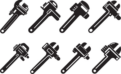 set of industrial pipe wrench silhouette, black and white silhouette, vector and illustration