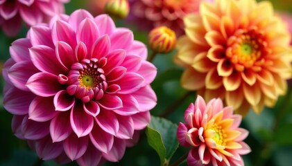 Fototapeta premium Intricate dahlia blooms, vibrant colors, lush petals , botanical, romantic