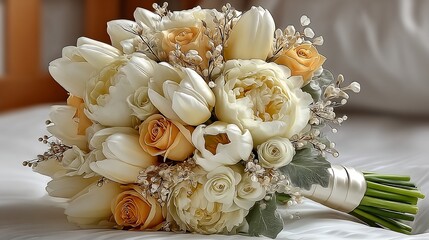 Elegant Cream  Peach Wedding Bouquet on Bed.