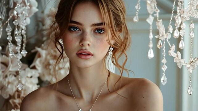 Portrait of a young woman with light brown hair and blue eyes wearing a delicate lace strapless dress and silver necklace, posed against a backdrop of soft blush-colored flowers and crystal strands