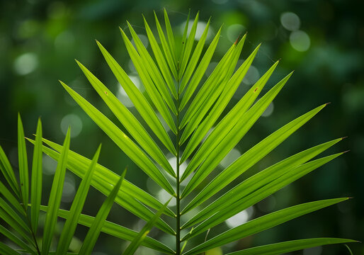 detailed macro view of fresh green palm frond with symmetrical leaf segments in natural tropical forest habitat background
