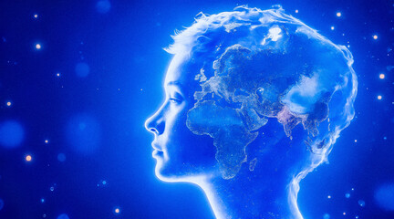 Fototapeta premium Global Thoughts: A stunning portrait captures a person whose mind mirrors the earth's landscape, set against an ethereal blue backdrop.
