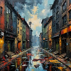 Painting of a narrow and coloured street