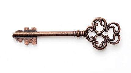Vintage bronze key with ornate bow and jagged bit, symbolizing mystery, heritage, and classic security on a neutral background