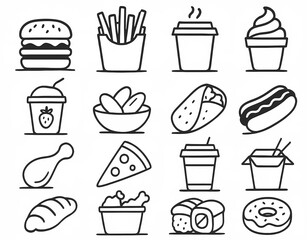 Set of 16 monochrome icons related to fast food and drinks. Linear collection. Burger, pizza, roll and sandwich vector signs, potato symbols