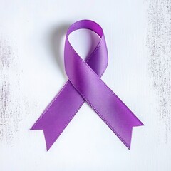 A purple ribbon bow on a white wooden-textured background.