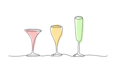Continuous online hand drawn of three stylized cocktail glasses with pastel fills in a minimalist line art style. Vector illustration, Editable stroke