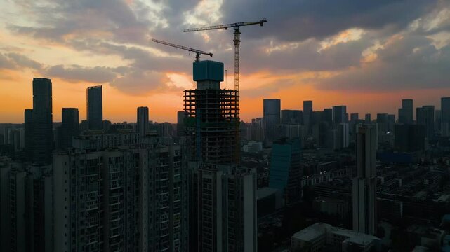4K drone, Aerial view sunset, of High residential density in the chinese city of Chengdu, Sichuan, China