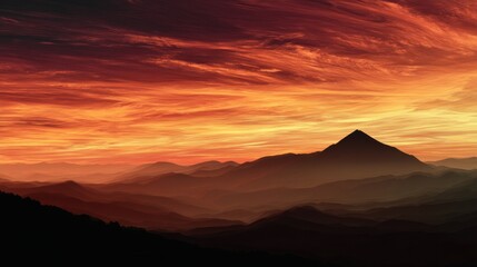 Naklejka premium A mountain sunset paints the sky with warm colors