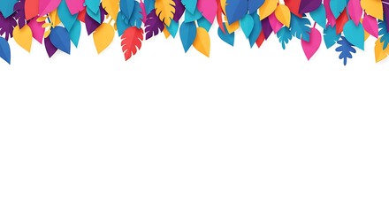 whimsical abstract art of vibrant paper leaves cascading from top, against pure white background, ideal for wallpaper, vibrant and colorful, portrait layout with copy space at the bottom