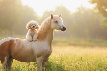 Obraz premium Happy Toy Poodle Riding a Horse in a Sunny Field 