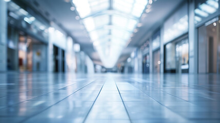 Fototapeta premium Empty shopping mall corridor with modern design, bathed in soft natural light. Minimalist urban space evoking tranquility and solitude.
