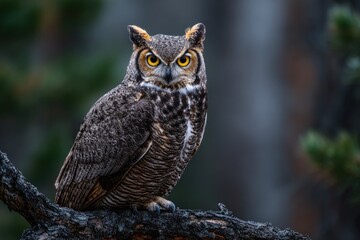 Owl perched on branch, looking forward, in nature, wildlife concept use