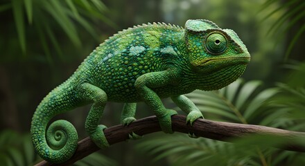 Green Chameleon on Branch in Jungle