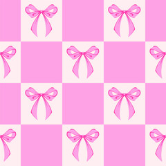 Pink Checkered Seamless Pattern with Ribbon Bows. Coquette, Vintage and Romantic design. Playful background for feminine projects, vintage wrapping paper, textiles, and Valentines Day