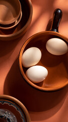 Handmade ceramic plates with home eggs on brown background. Terracotta objects, space for text. Genuine food concept.
