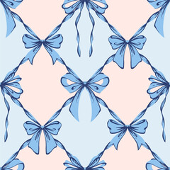 Pink Ribbon Bow Lattice Seamless Pattern. Coquette, Vintage and Romantic checkered pattern on blue with bows. Rococo background for feminine projects, vintage wrapping paper, textiles, Valentines Day